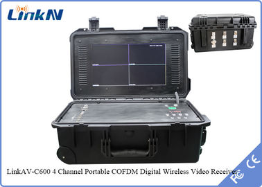 COFDM Suitcase Video Receiver 4-Channel IP65 dengan Baterai &amp; Tampilan AES256 H.264 DC 12V